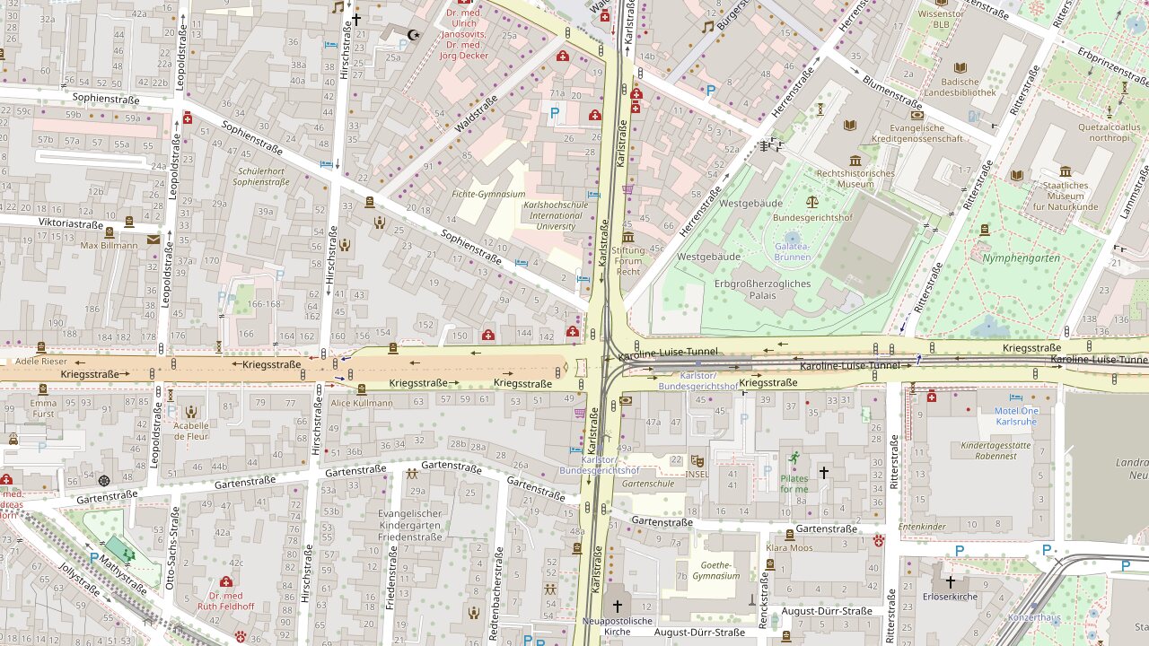 Stadtplan: Hausarztpraxis am Karlstor in der Kriegsstraße 140, Ecke Karlstraße; die Haltestelle Karlstor/Bundesgerichtshof liegt direkt davor